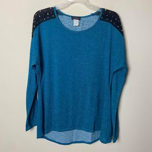 Cocomo Blue Shirt with Sheer Studded Shoulders, L